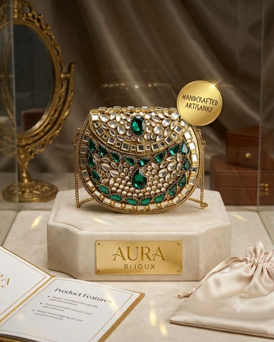 Royal Emerald & Polki Brass Mini Clutch