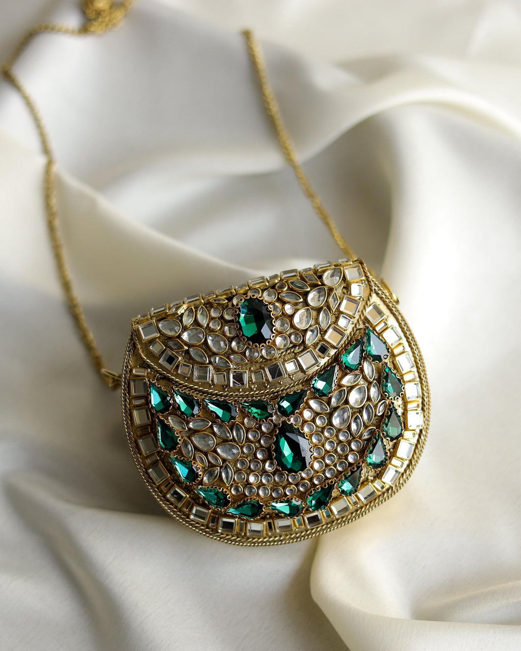 Royal Emerald & Polki Brass Mini Clutch