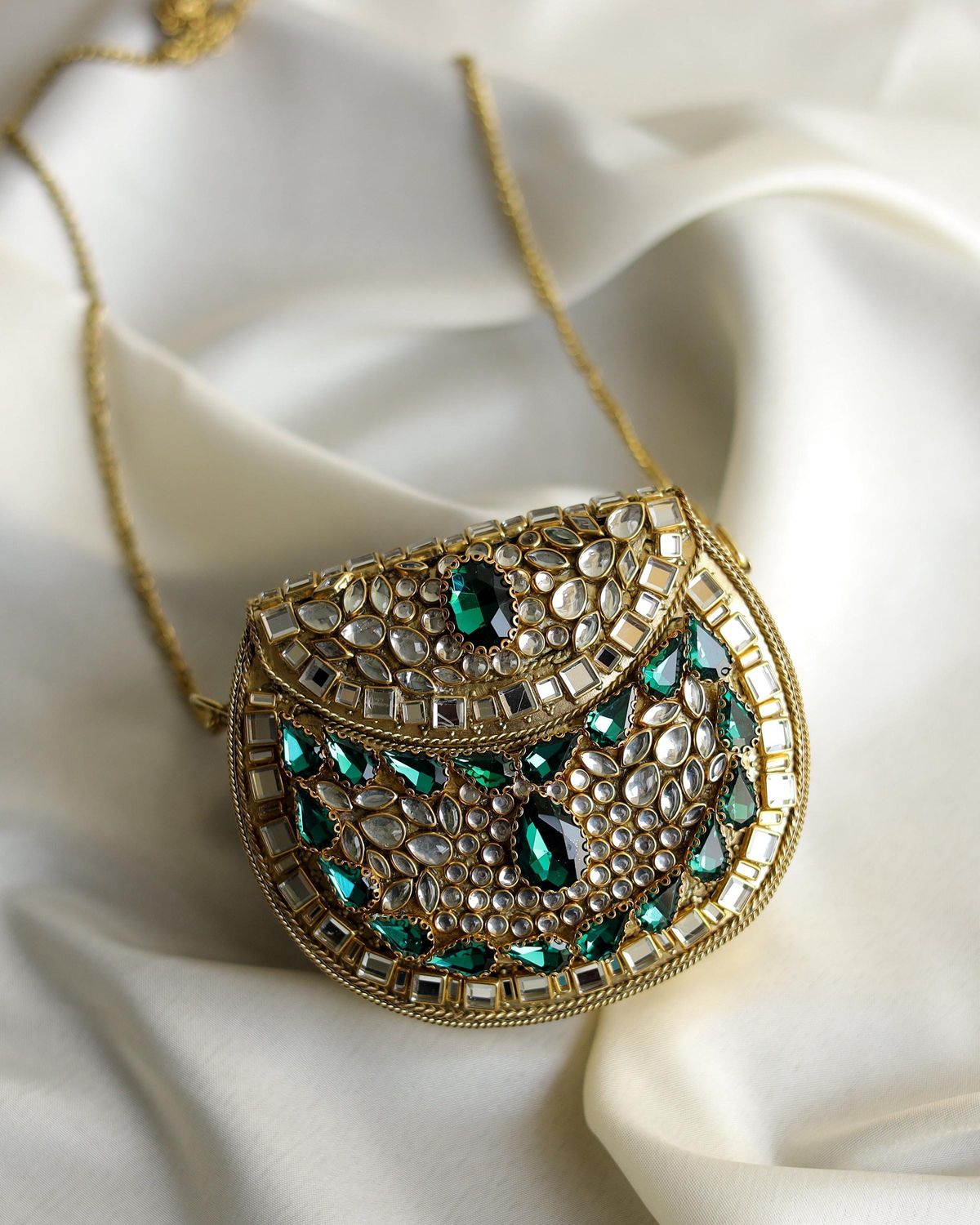 Royal Emerald & Polki Brass Mini Clutch